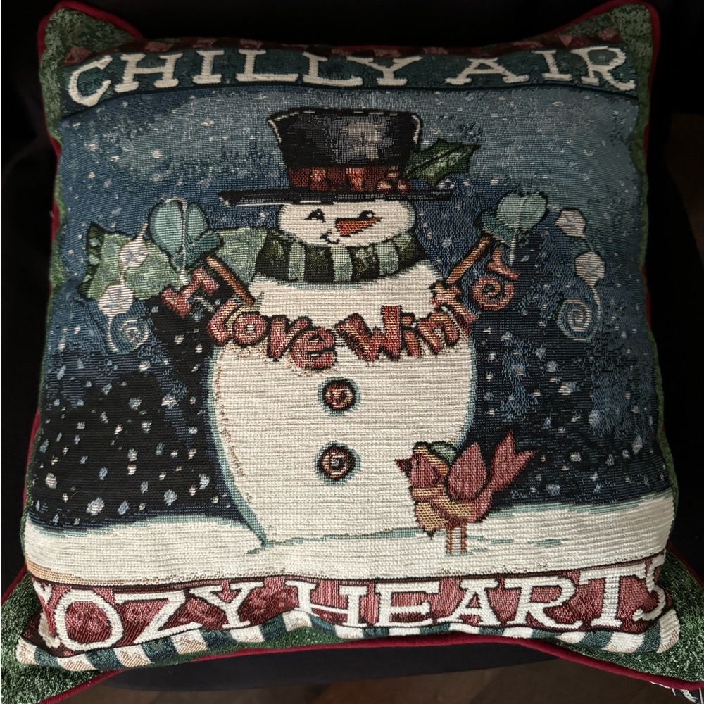 Newport Snowman and Cardinal Chilly Air Cozy Heart Winter Throw Pillow